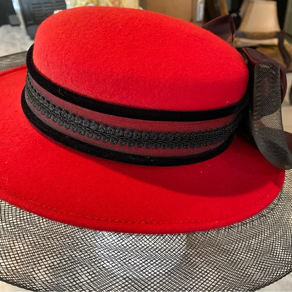 Milan by Charm Floral Mesh Hat Woolen Retro Dress Hat Red Black Mesh Hat